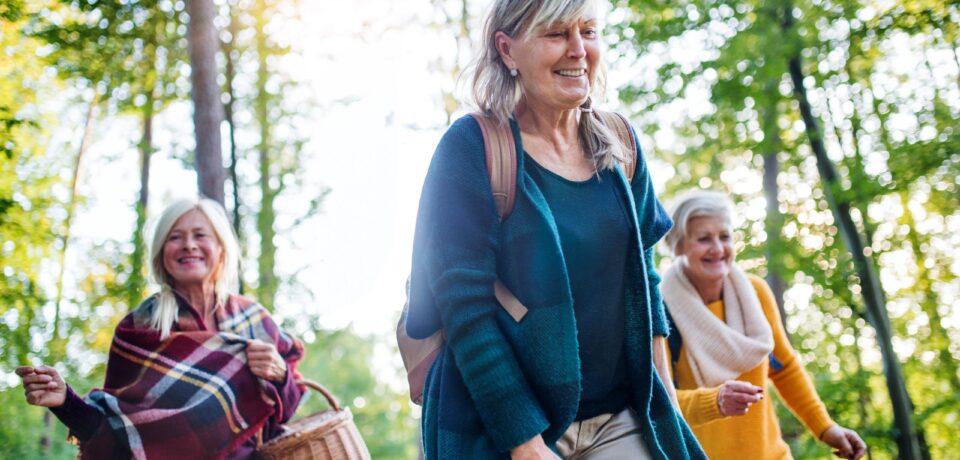 Senior women friends walking outdoors in forest.