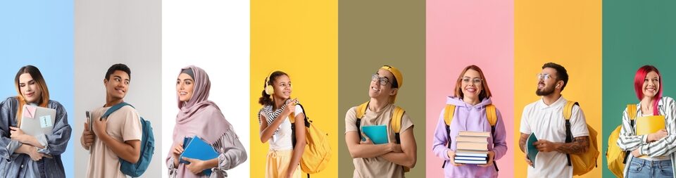 Collage,With,Many,Happy,Students,On,Colorful,Background