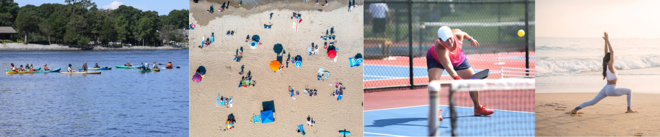 kayaks, beach, pickle ball, yoga on beach